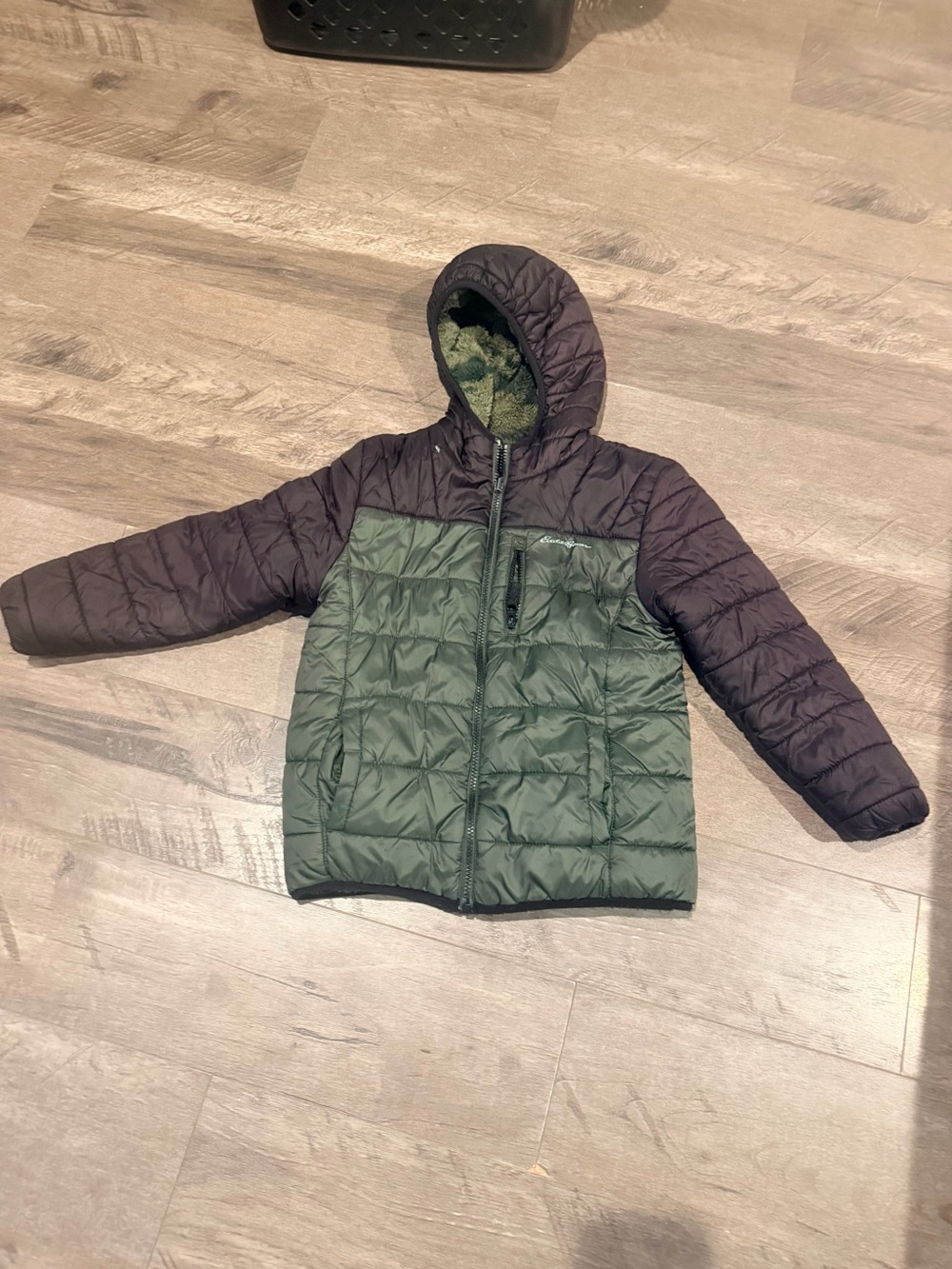 Kids Hooded Reversible Puffer Jacket in Green and Black